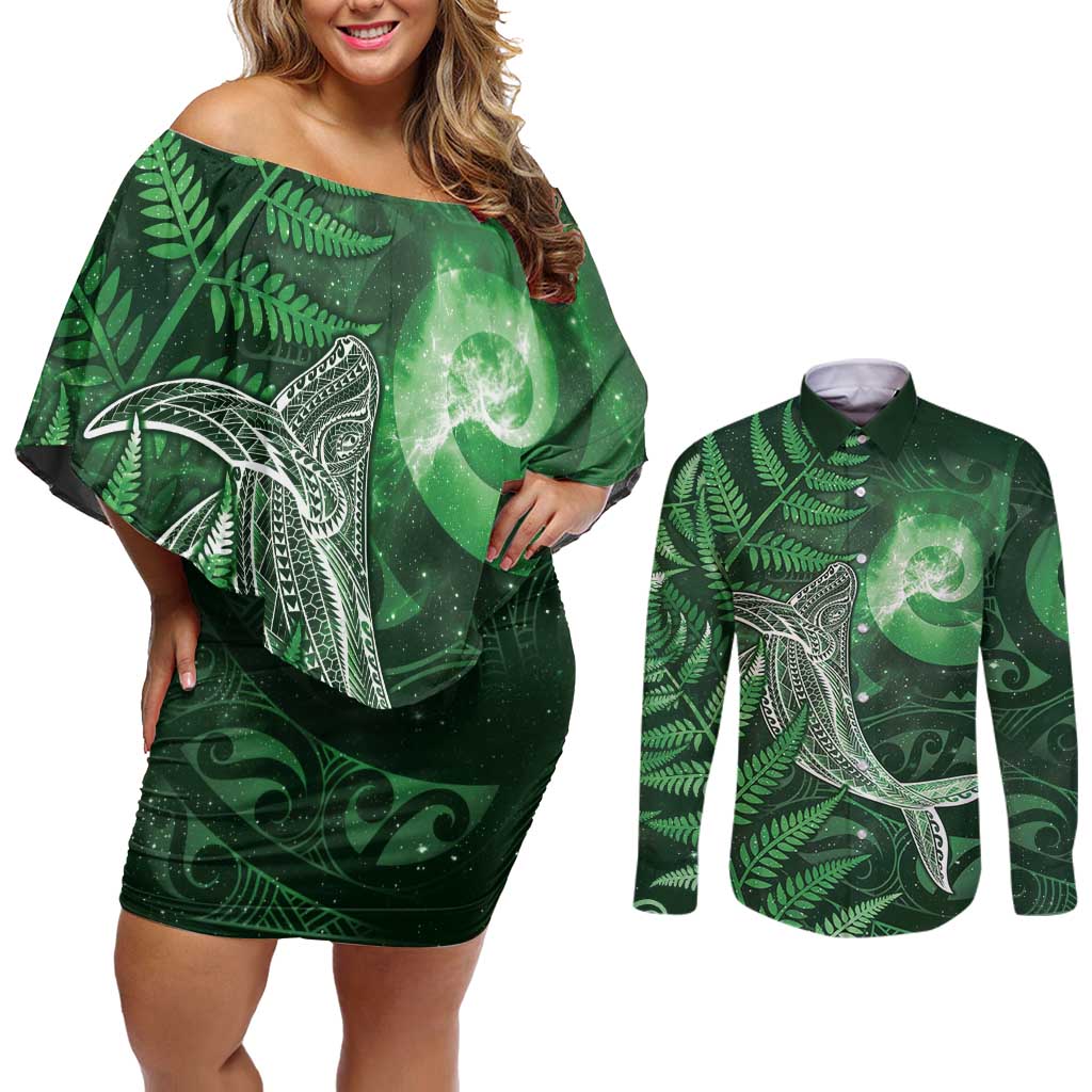 New Zealand Matariki Couples Matching Off Shoulder Short Dress and Long Sleeve Button Shirt Maori Koru With Humpback Whale Green LT05 Green - Polynesian Pride