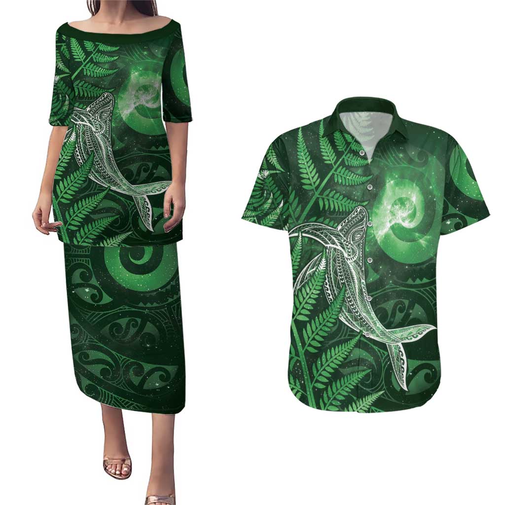 New Zealand Matariki Couples Matching Puletasi and Hawaiian Shirt Maori Koru With Humpback Whale Green LT05 Green - Polynesian Pride