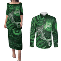 New Zealand Matariki Couples Matching Puletasi and Long Sleeve Button Shirt Maori Koru With Humpback Whale Green LT05 Green - Polynesian Pride