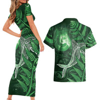 New Zealand Matariki Couples Matching Short Sleeve Bodycon Dress and Hawaiian Shirt Maori Koru With Humpback Whale Green LT05 - Polynesian Pride