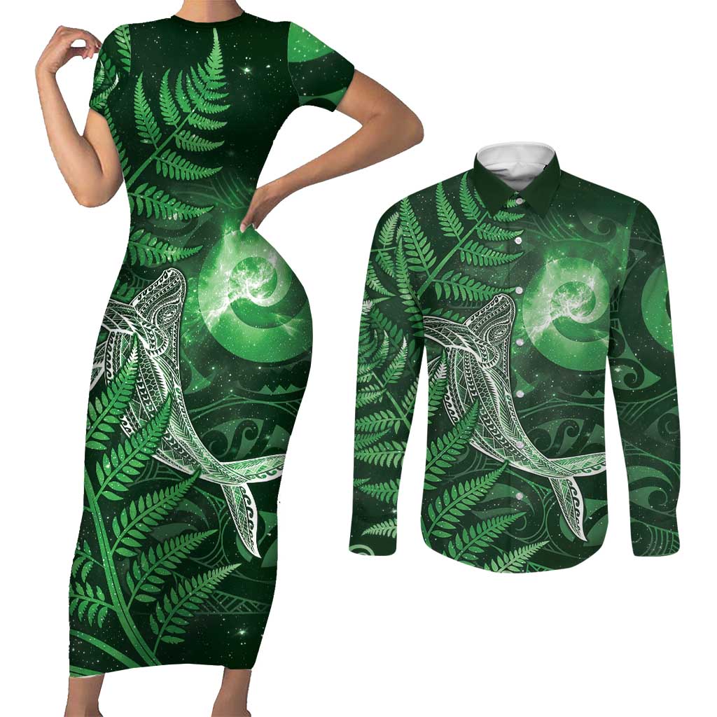 New Zealand Matariki Couples Matching Short Sleeve Bodycon Dress and Long Sleeve Button Shirt Maori Koru With Humpback Whale Green LT05 Green - Polynesian Pride