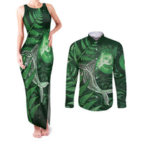 New Zealand Matariki Couples Matching Tank Maxi Dress and Long Sleeve Button Shirt Maori Koru With Humpback Whale Green