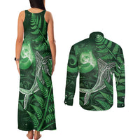 New Zealand Matariki Couples Matching Tank Maxi Dress and Long Sleeve Button Shirt Maori Koru With Humpback Whale Green