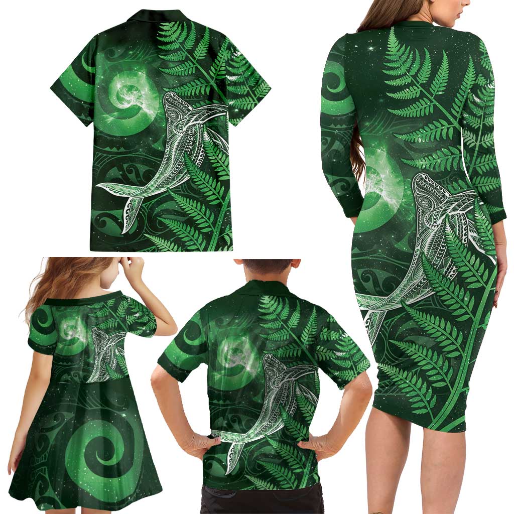 New Zealand Matariki Family Matching Long Sleeve Bodycon Dress and Hawaiian Shirt Maori Koru With Humpback Whale Green LT05 - Polynesian Pride