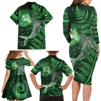 New Zealand Matariki Family Matching Long Sleeve Bodycon Dress and Hawaiian Shirt Maori Koru With Humpback Whale Green LT05 - Polynesian Pride