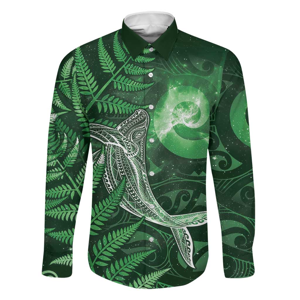 New Zealand Matariki Family Matching Long Sleeve Bodycon Dress and Hawaiian Shirt Maori Koru With Humpback Whale Green LT05 Dad's Shirt - Long Sleeve Green - Polynesian Pride