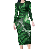 New Zealand Matariki Family Matching Long Sleeve Bodycon Dress and Hawaiian Shirt Maori Koru With Humpback Whale Green LT05 Mom's Dress Green - Polynesian Pride