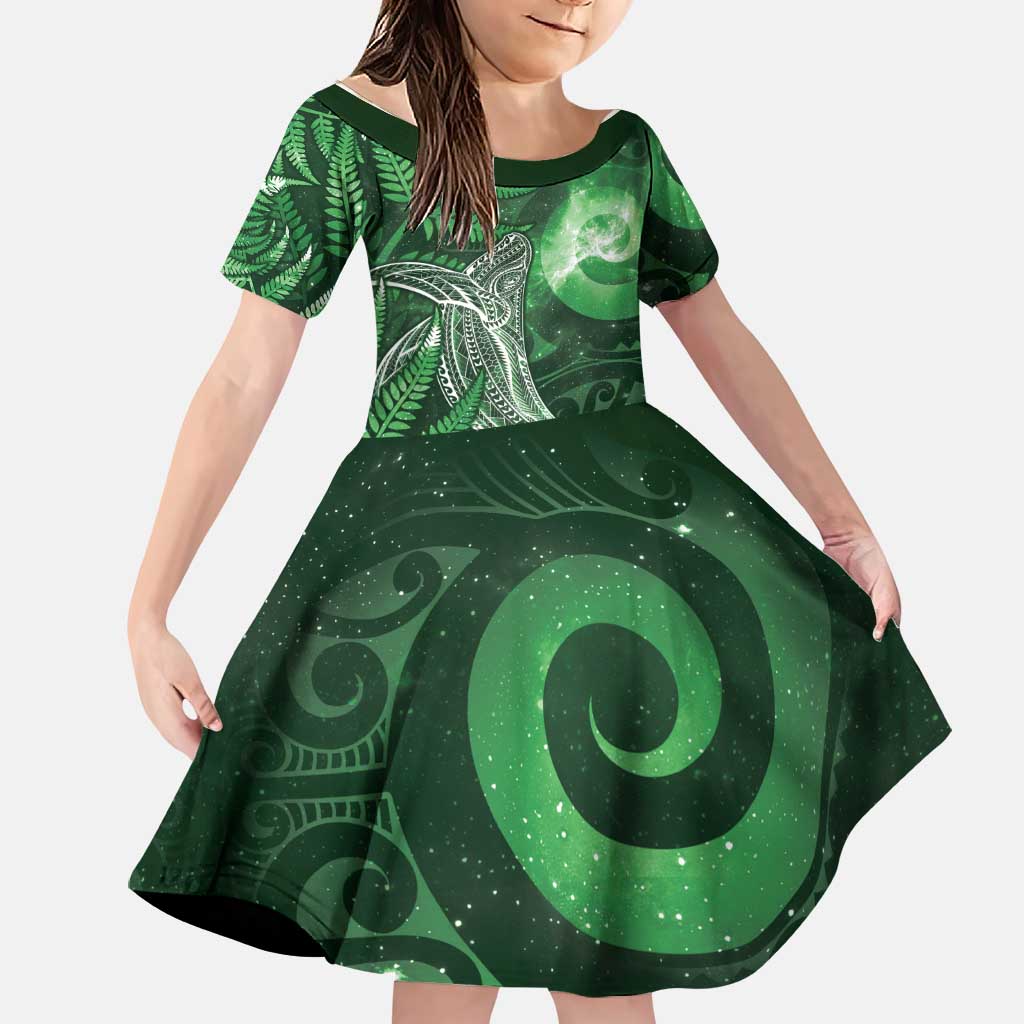New Zealand Matariki Family Matching Off Shoulder Short Dress and Hawaiian Shirt Maori Koru With Humpback Whale Green LT05 Daughter's Dress Green - Polynesian Pride