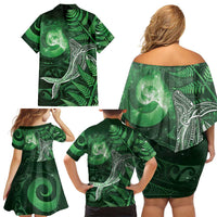 New Zealand Matariki Family Matching Off Shoulder Short Dress and Hawaiian Shirt Maori Koru With Humpback Whale Green LT05 - Polynesian Pride