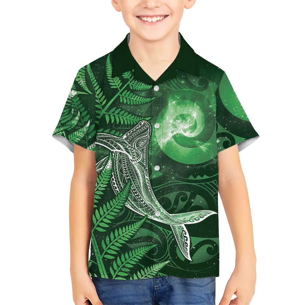 New Zealand Matariki Family Matching Off Shoulder Short Dress and Hawaiian Shirt Maori Koru With Humpback Whale Green LT05 Son's Shirt Green - Polynesian Pride
