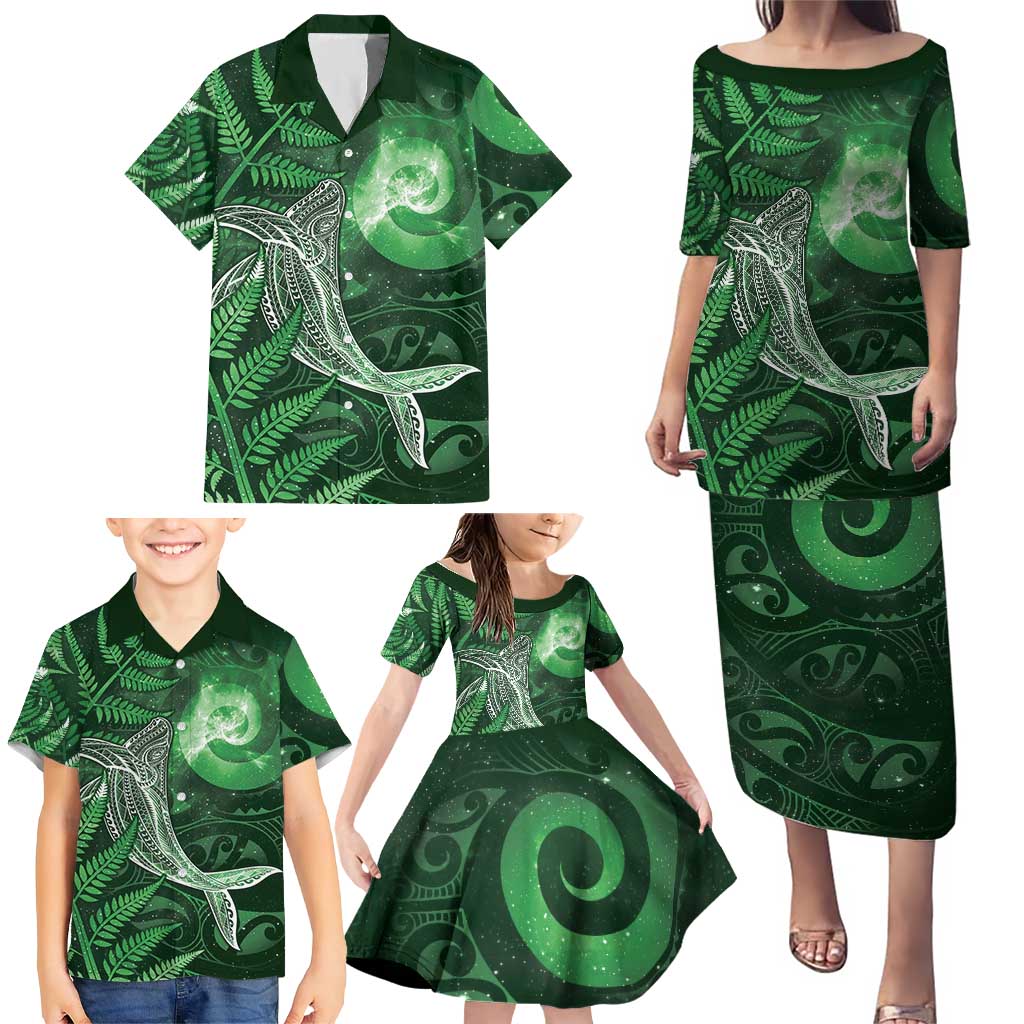 New Zealand Matariki Family Matching Puletasi and Hawaiian Shirt Maori Koru With Humpback Whale Green LT05 - Polynesian Pride