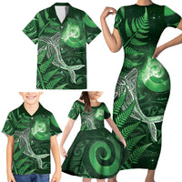 New Zealand Matariki Family Matching Short Sleeve Bodycon Dress and Hawaiian Shirt Maori Koru With Humpback Whale Green LT05 - Polynesian Pride