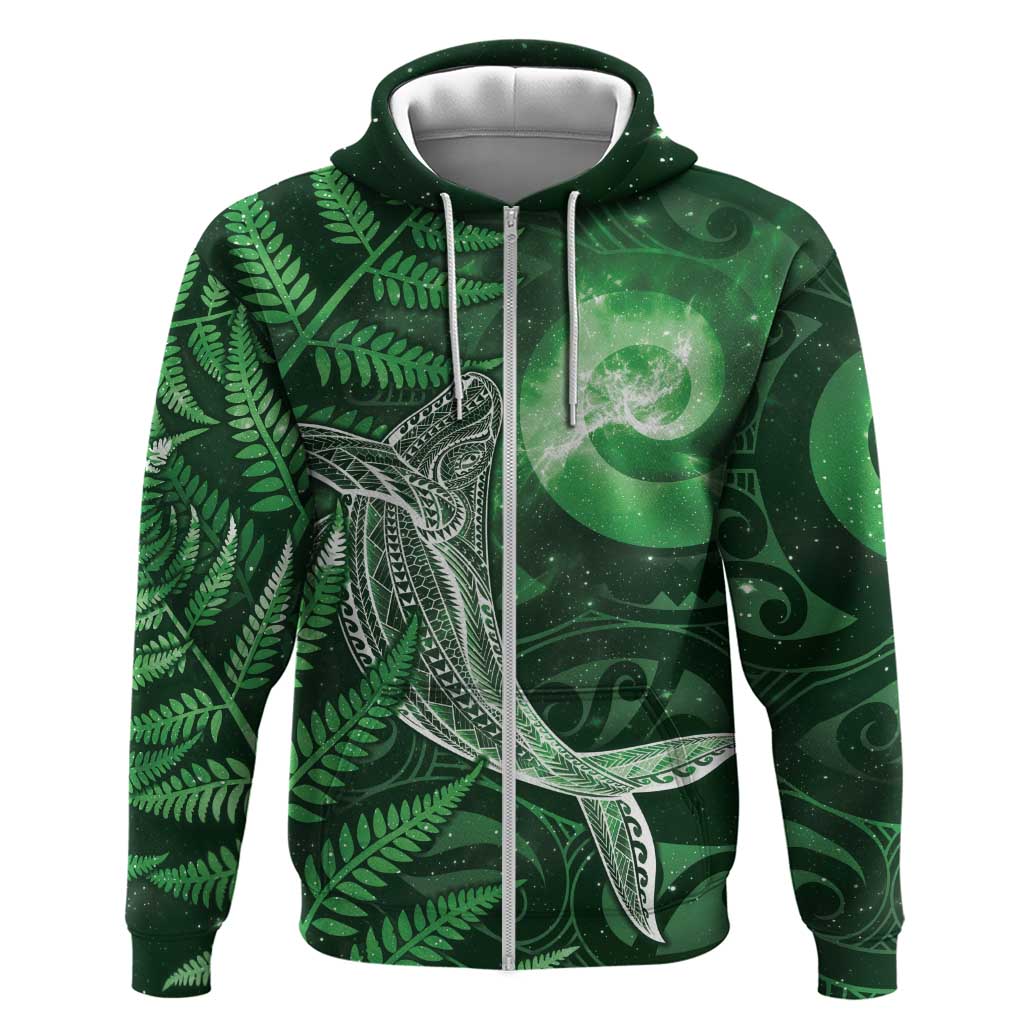 New Zealand Matariki Hoodie Maori Koru With Humpback Whale Green LT05 Zip Hoodie Green - Polynesian Pride