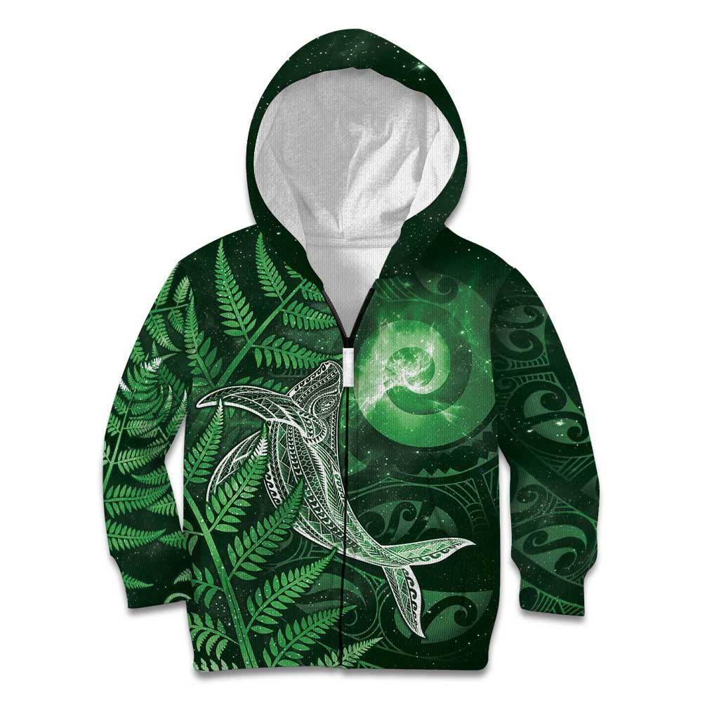 New Zealand Matariki Kid Hoodie Maori Koru With Humpback Whale Green LT05 Zip Hoodie Green - Polynesian Pride
