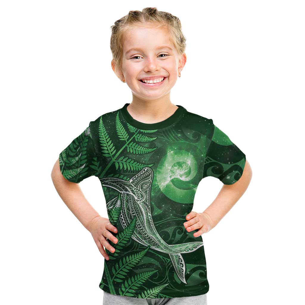 New Zealand Matariki Kid T Shirt Maori Koru With Humpback Whale Green LT05 Green - Polynesian Pride
