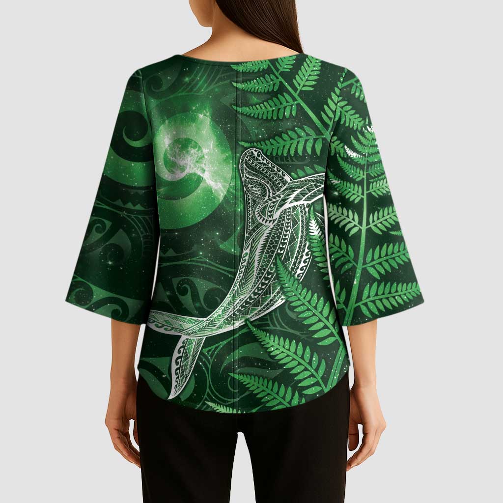 New Zealand Matariki Kimono Sleeve Blouse Maori Koru With Humpback Whale Green