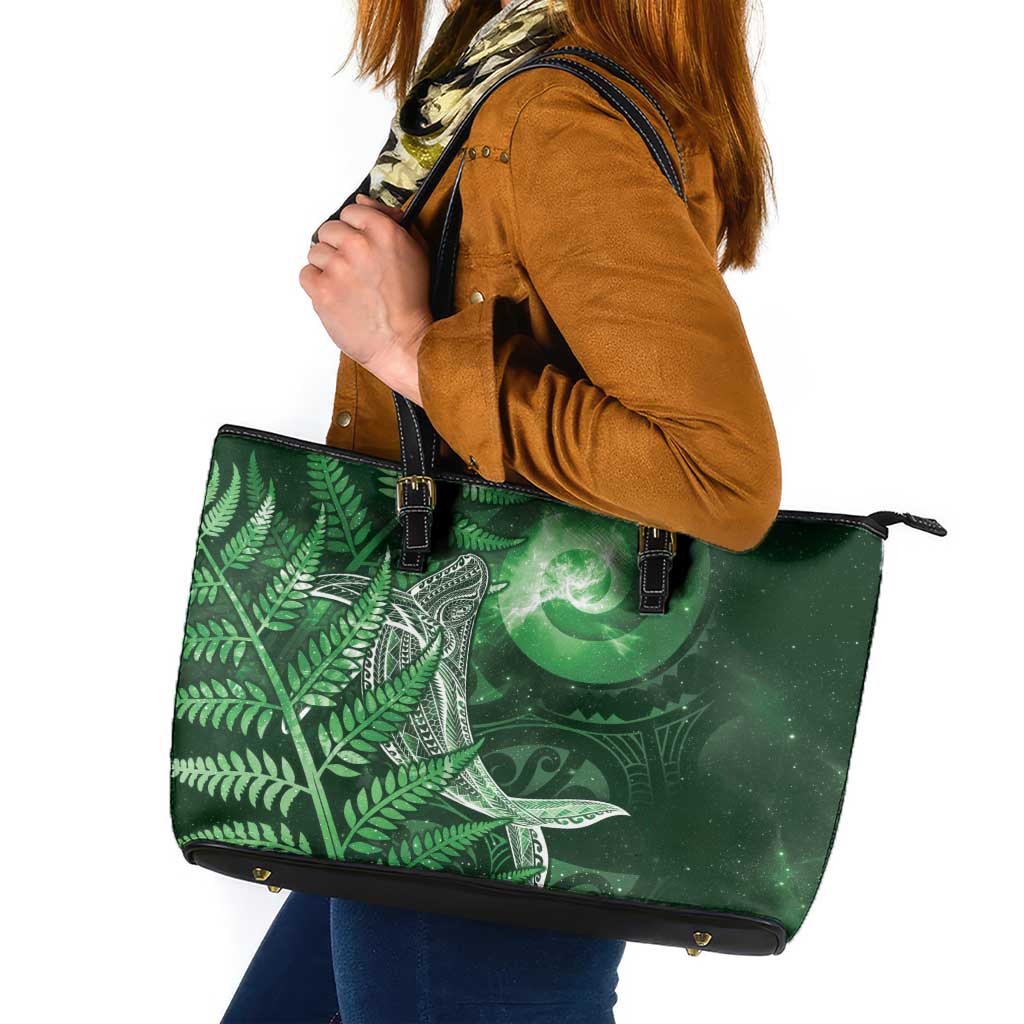 New Zealand Matariki Leather Tote Bag Maori Koru With Humpback Whale Green LT05 Green - Polynesian Pride