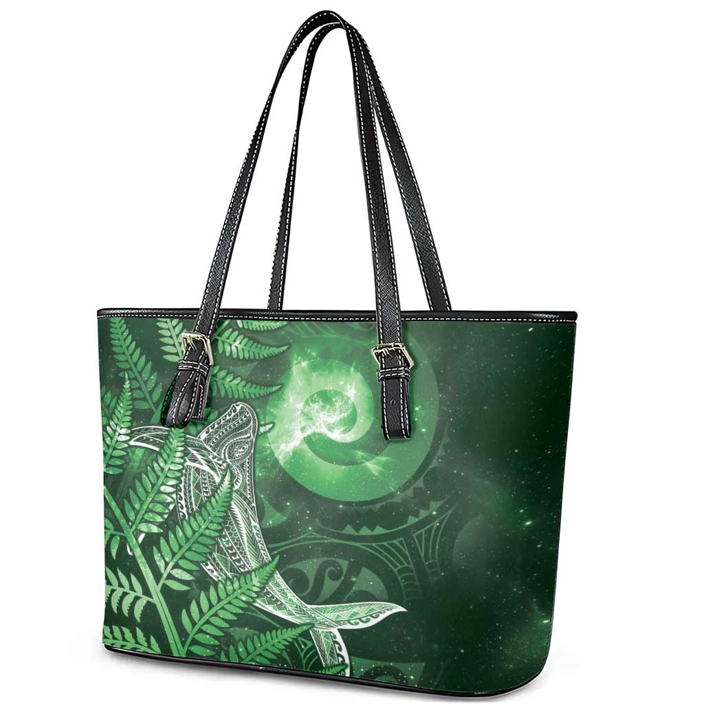 New Zealand Matariki Leather Tote Bag Maori Koru With Humpback Whale Green
