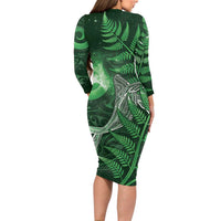 New Zealand Matariki Long Sleeve Bodycon Dress Maori Koru With Humpback Whale Green LT05 - Polynesian Pride