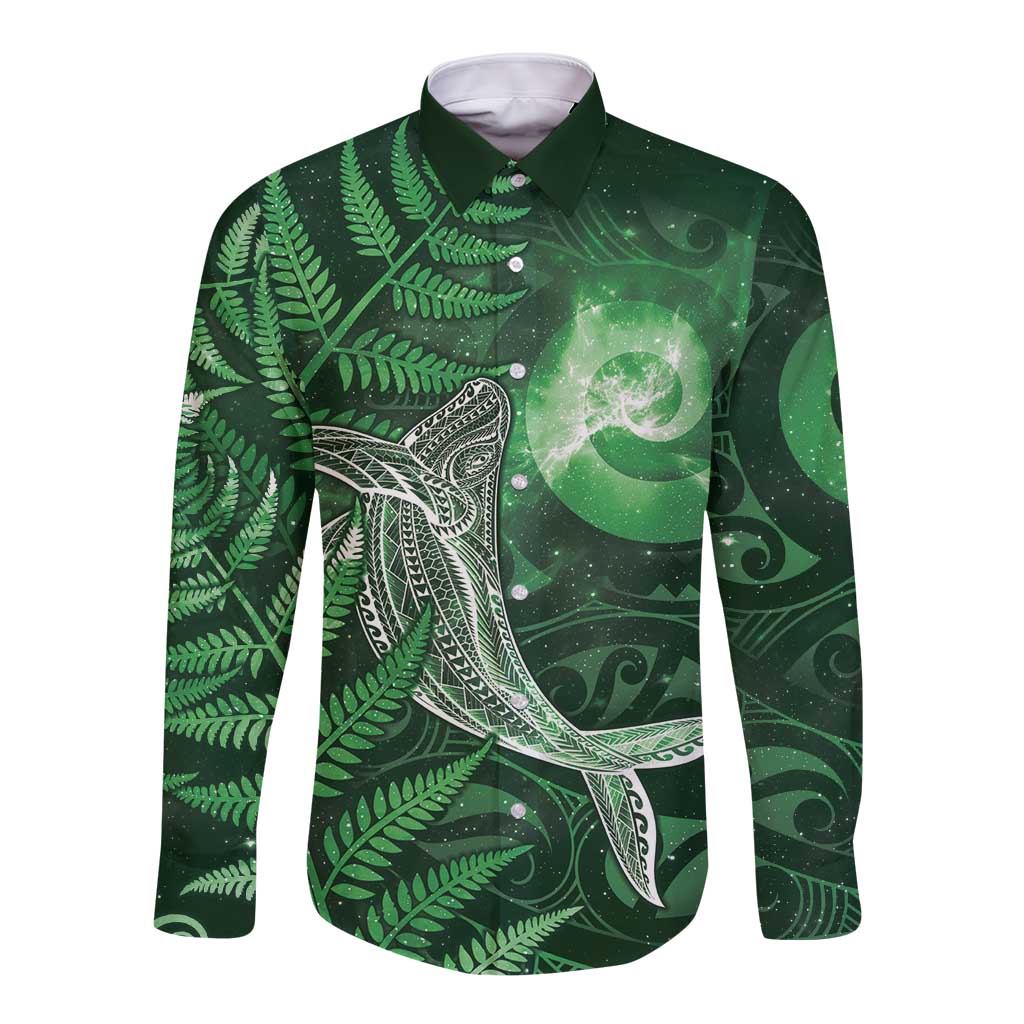 New Zealand Matariki Long Sleeve Button Shirt Maori Koru With Humpback Whale Green