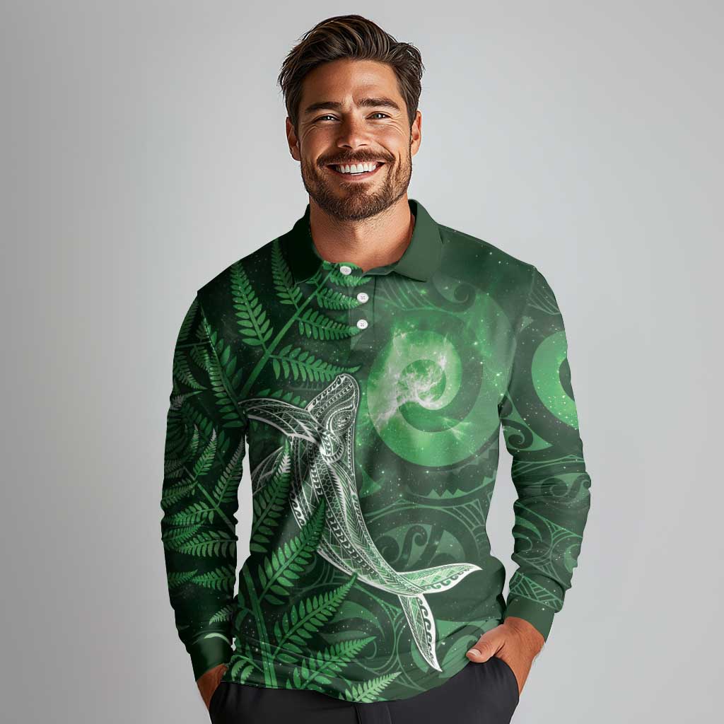 New Zealand Matariki Long Sleeve Polo Shirt Maori Koru With Humpback Whale Green LT05 - Polynesian Pride