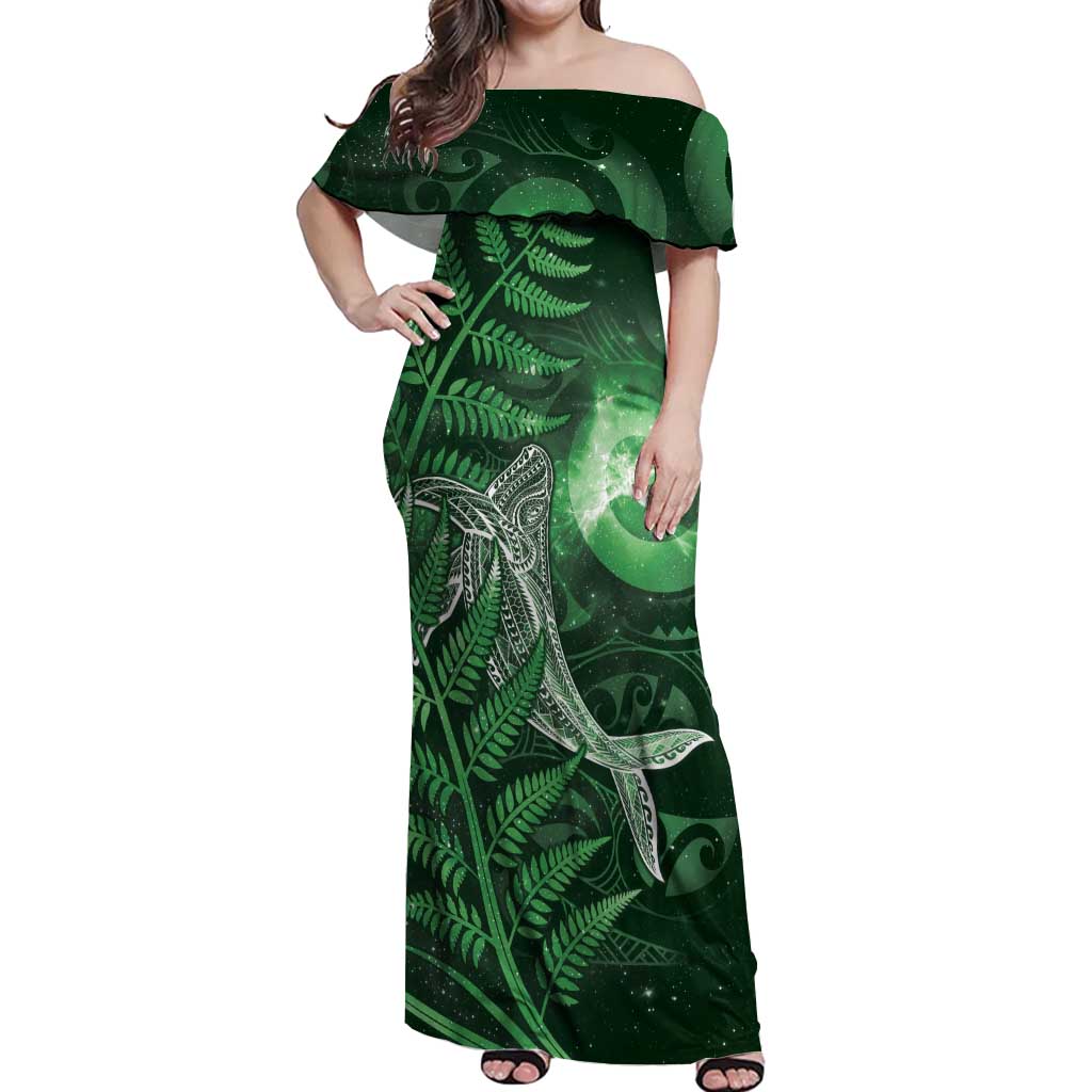 New Zealand Matariki Off Shoulder Maxi Dress Maori Koru With Humpback Whale Green LT05 Women Green - Polynesian Pride