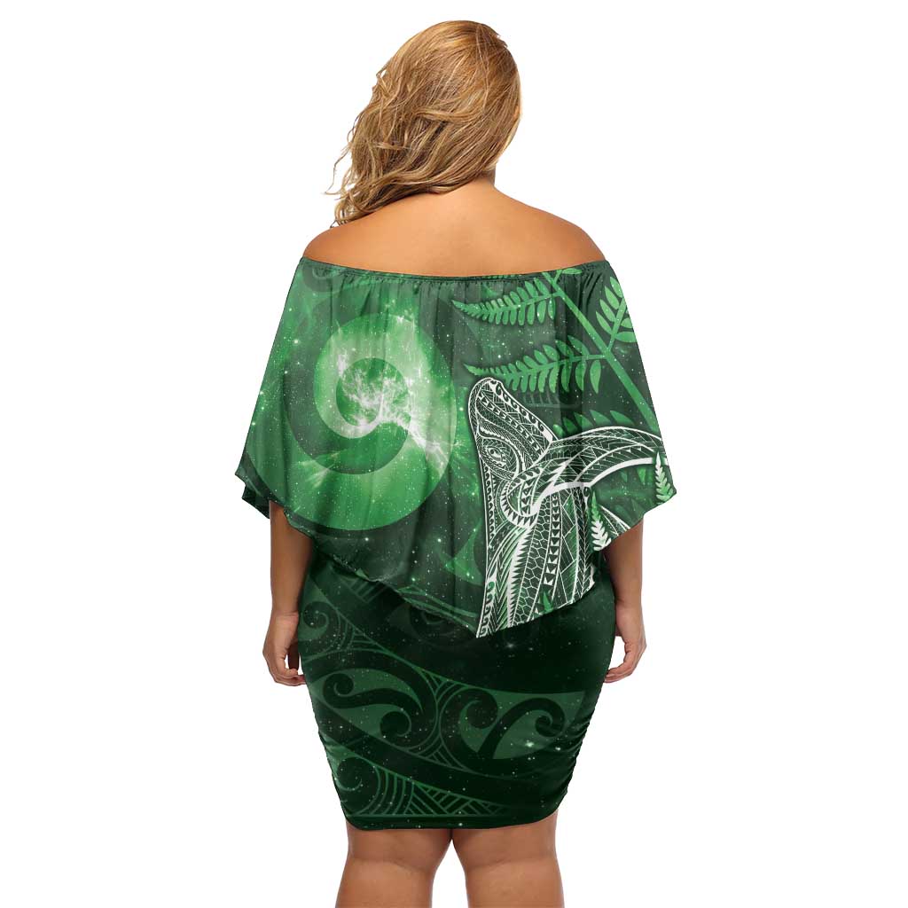 New Zealand Matariki Off Shoulder Short Dress Maori Koru With Humpback Whale Green LT05 - Polynesian Pride