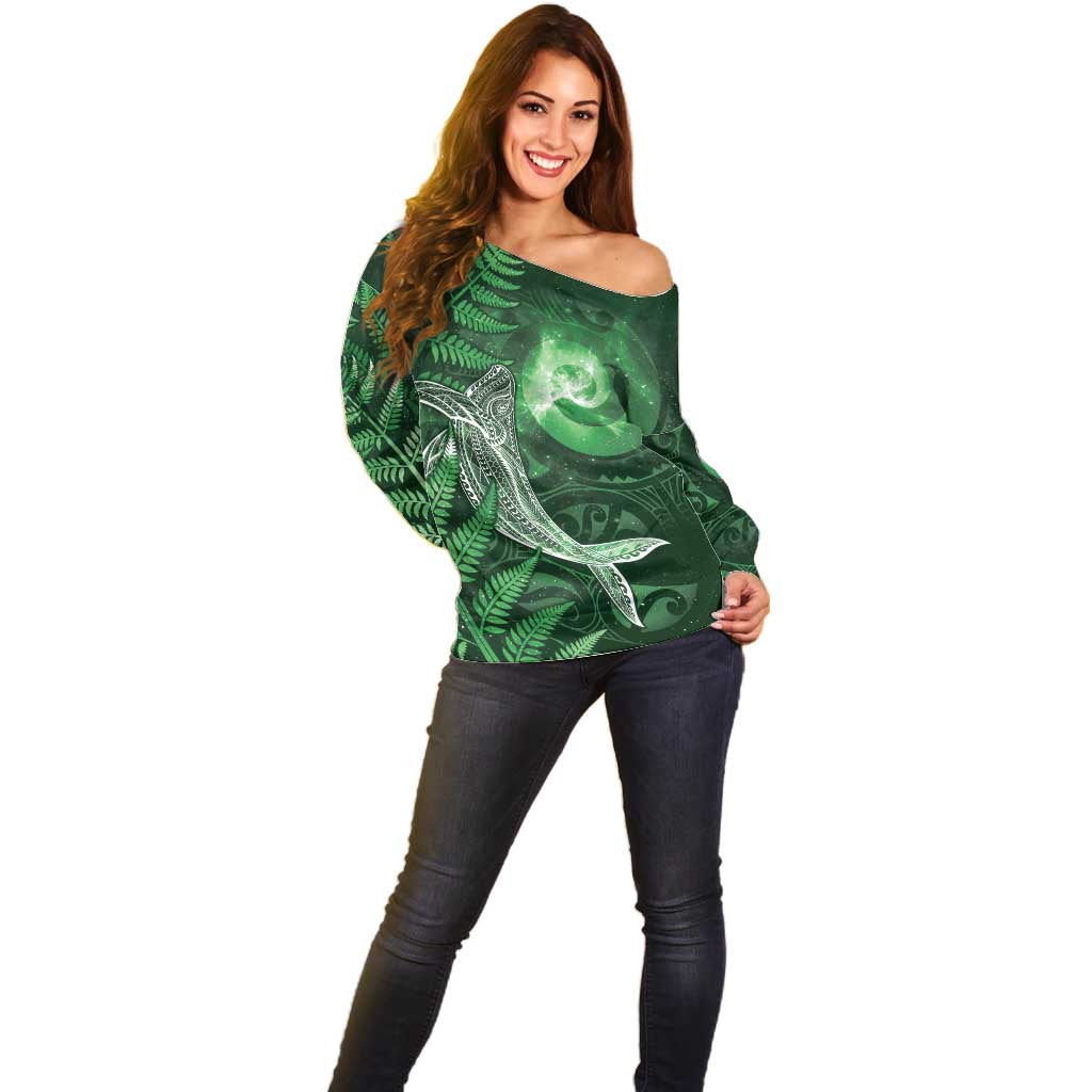 New Zealand Matariki Off Shoulder Sweater Maori Koru With Humpback Whale Green