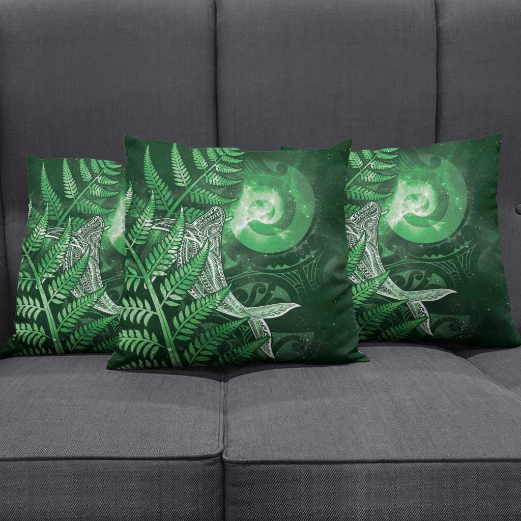 New Zealand Matariki Pillow Cover Maori Koru With Humpback Whale Green
