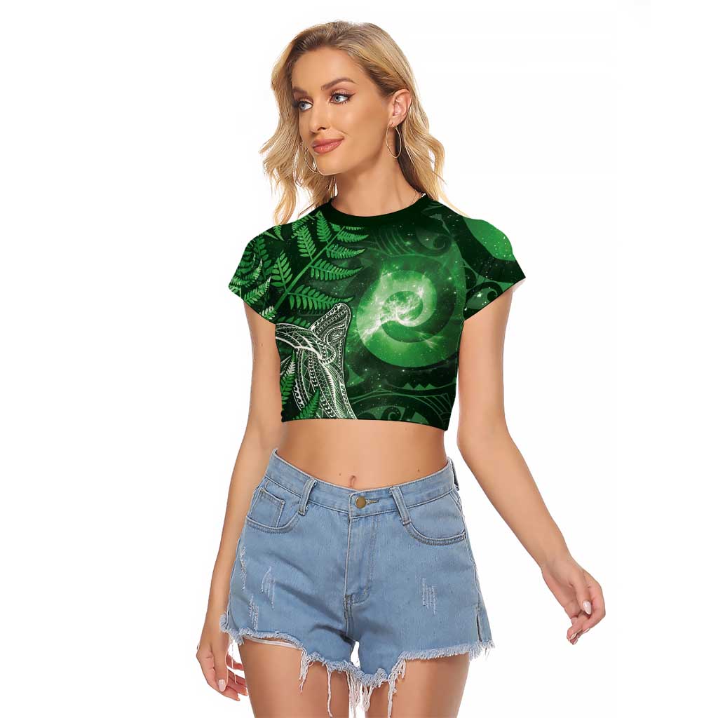 New Zealand Matariki Raglan Cropped T Shirt Maori Koru With Humpback Whale Green LT05 Female Green - Polynesian Pride