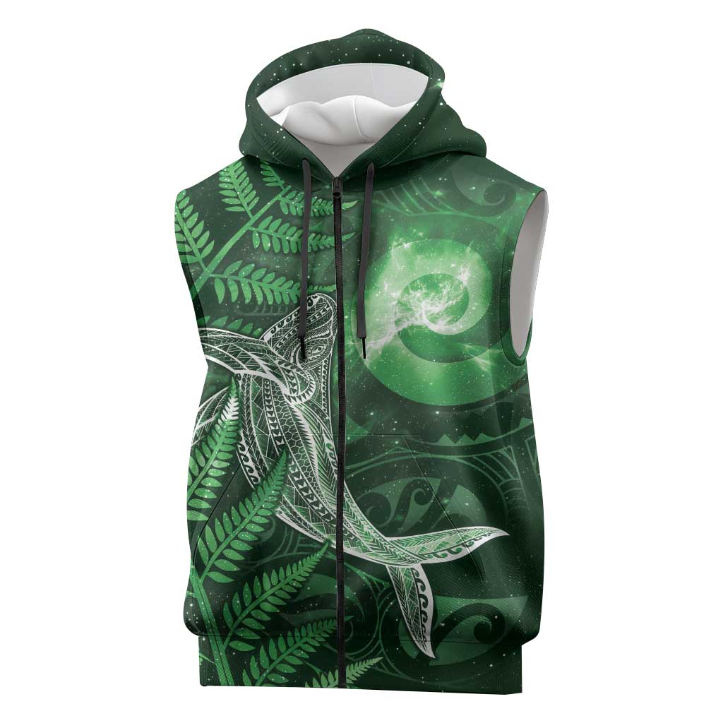 New Zealand Matariki Sleeveless Zip Hoodie Maori Koru With Humpback Whale Green LT05 Green - Polynesian Pride