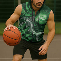 New Zealand Matariki Sleeveless Zip Hoodie Maori Koru With Humpback Whale Green LT05 - Polynesian Pride