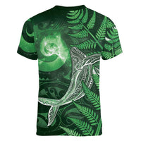 New Zealand Matariki Women V-Neck T-Shirt Maori Koru With Humpback Whale Green