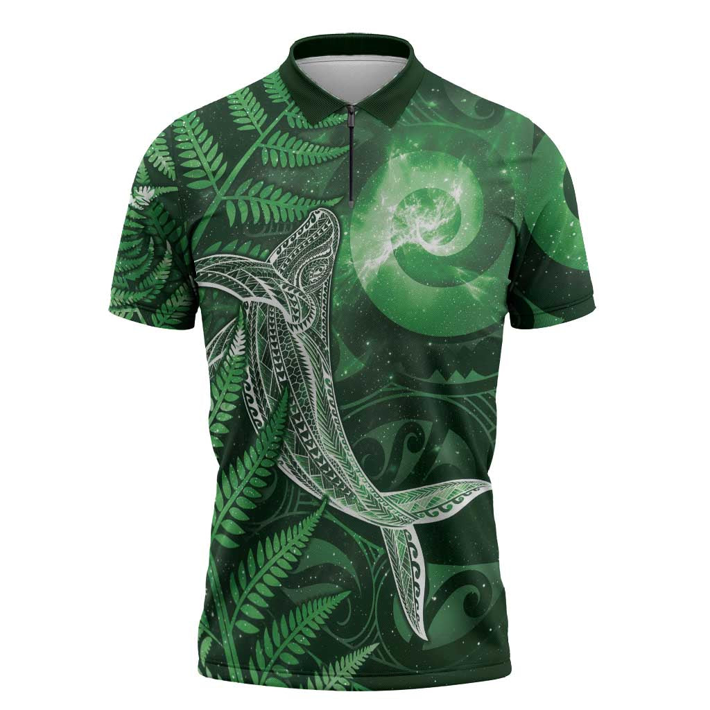 New Zealand Matariki Zipper Polo Shirt Maori Koru With Humpback Whale Green LT05 Green - Polynesian Pride