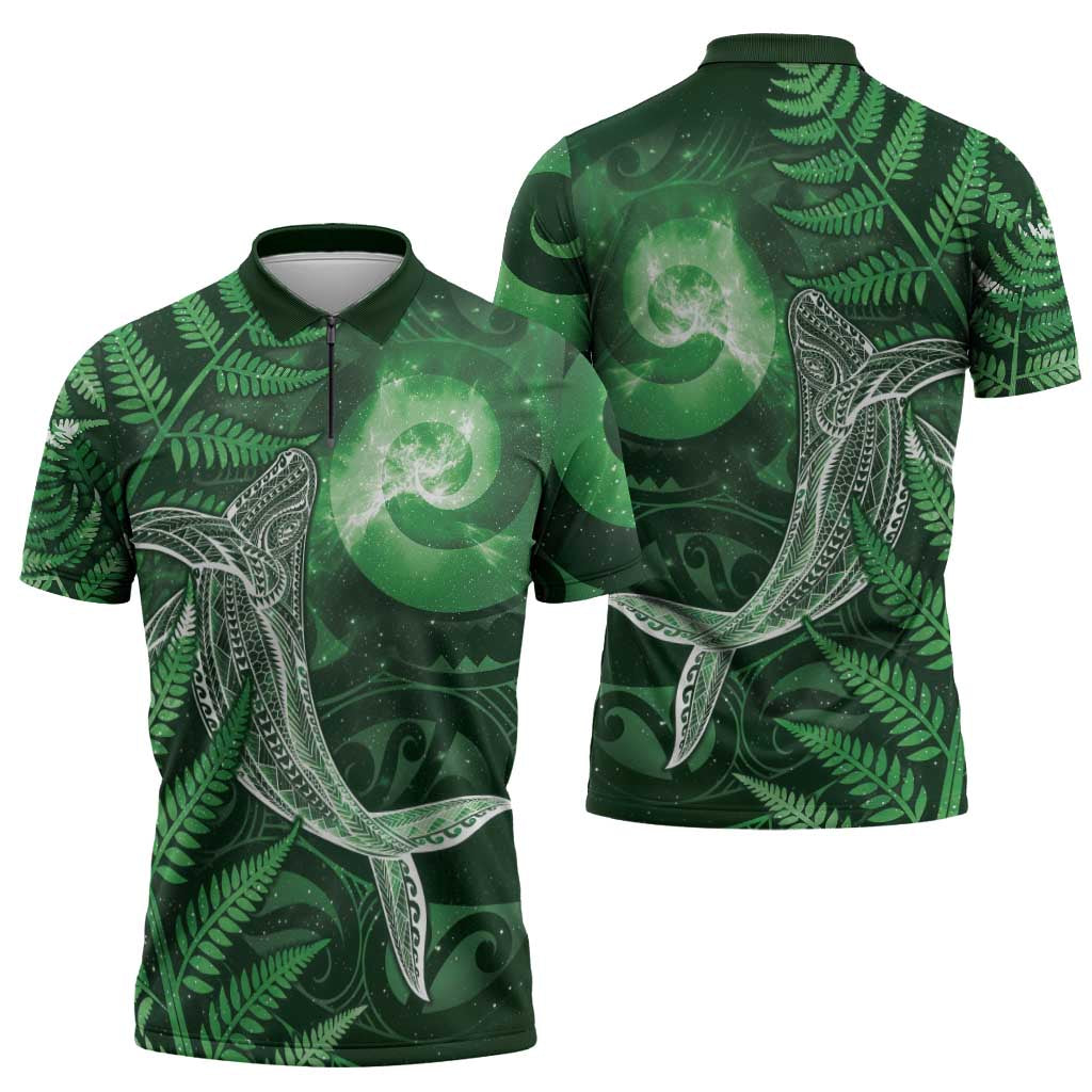 New Zealand Matariki Zipper Polo Shirt Maori Koru With Humpback Whale Green LT05 - Polynesian Pride