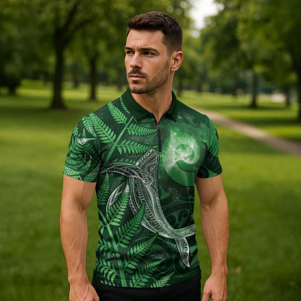 New Zealand Matariki Zipper Polo Shirt Maori Koru With Humpback Whale Green LT05 - Polynesian Pride