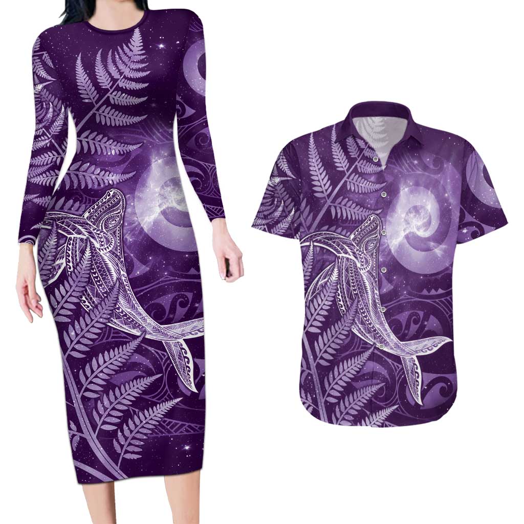 New Zealand Matariki Couples Matching Long Sleeve Bodycon Dress and Hawaiian Shirt Maori Koru With Humpback Whale Purple LT05 Purple - Polynesian Pride