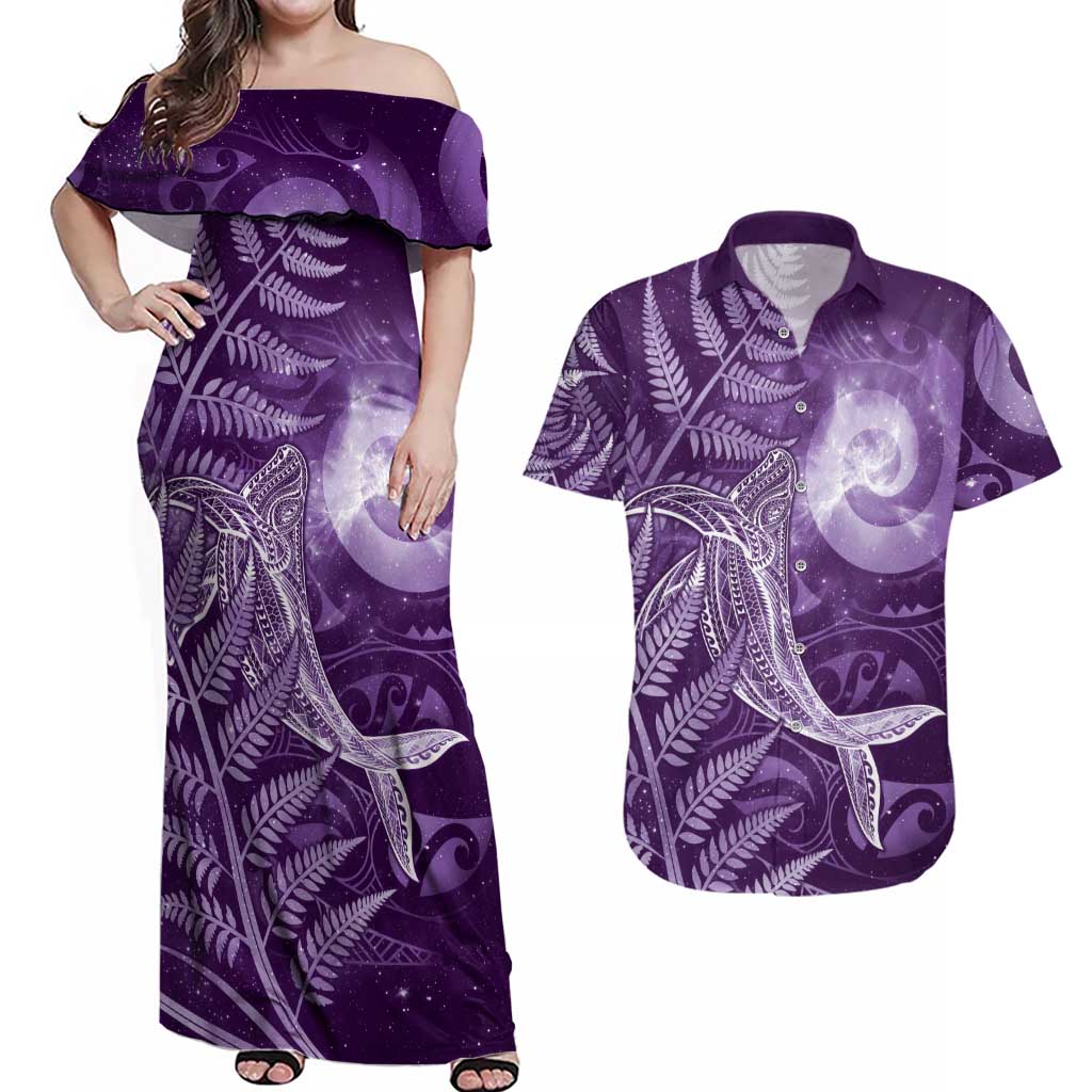 New Zealand Matariki Couples Matching Off Shoulder Maxi Dress and Hawaiian Shirt Maori Koru With Humpback Whale Purple