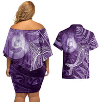 New Zealand Matariki Couples Matching Off Shoulder Short Dress and Hawaiian Shirt Maori Koru With Humpback Whale Purple