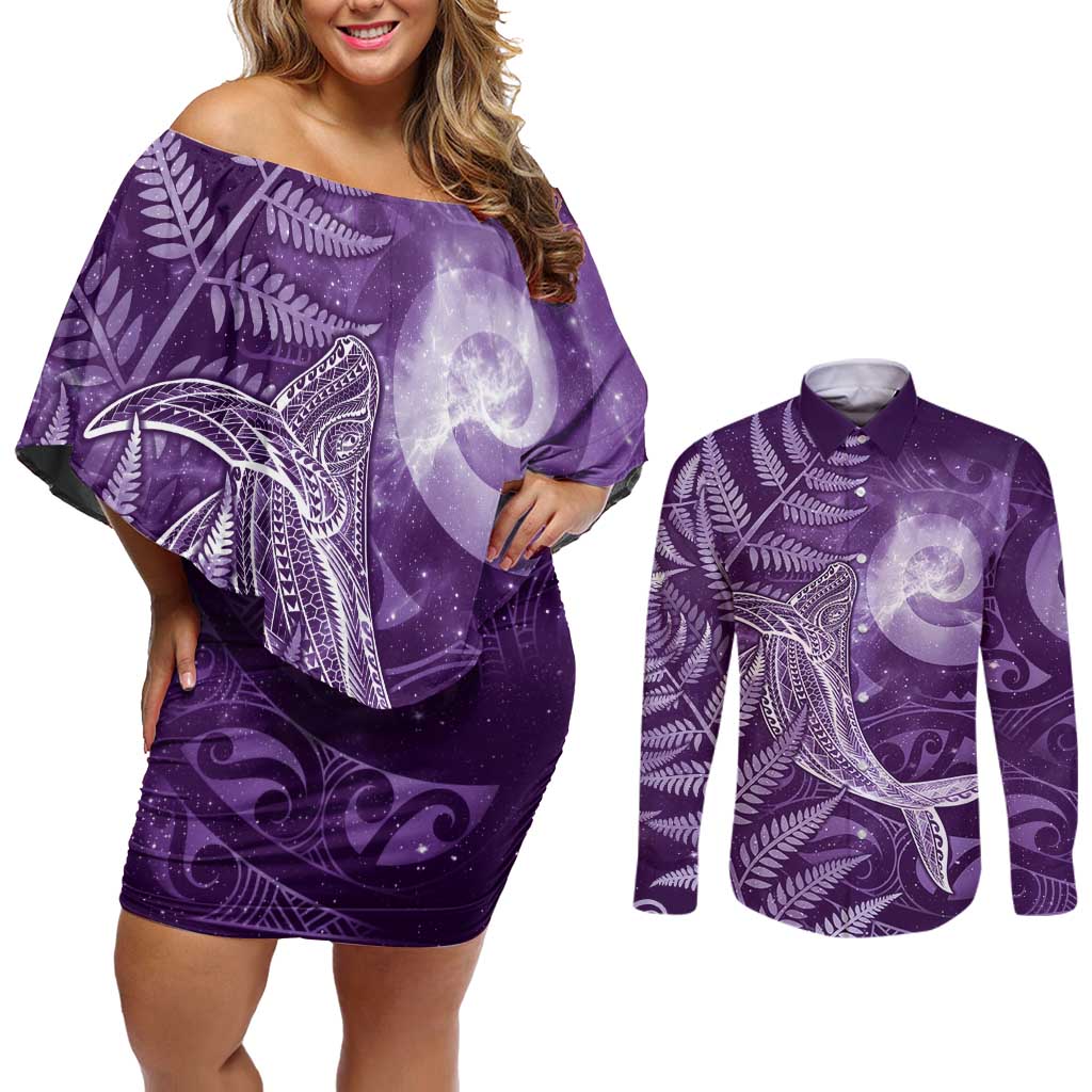 New Zealand Matariki Couples Matching Off Shoulder Short Dress and Long Sleeve Button Shirt Maori Koru With Humpback Whale Purple LT05 Purple - Polynesian Pride