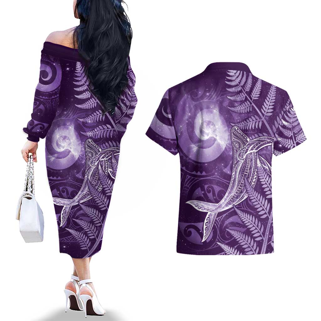 New Zealand Matariki Couples Matching Off The Shoulder Long Sleeve Dress and Hawaiian Shirt Maori Koru With Humpback Whale Purple LT05 - Polynesian Pride