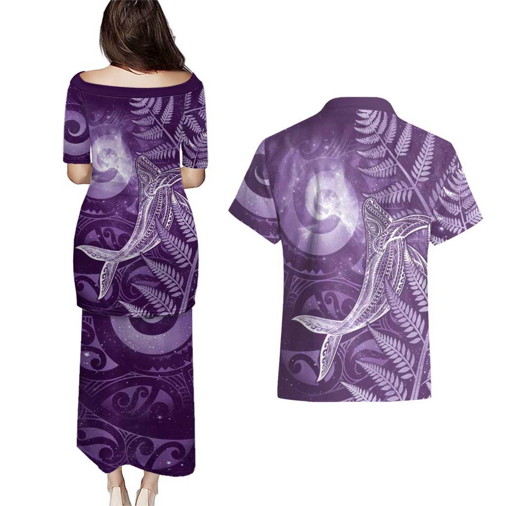 New Zealand Matariki Couples Matching Puletasi and Hawaiian Shirt Maori Koru With Humpback Whale Purple