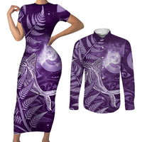 New Zealand Matariki Couples Matching Short Sleeve Bodycon Dress and Long Sleeve Button Shirt Maori Koru With Humpback Whale Purple LT05 Purple - Polynesian Pride