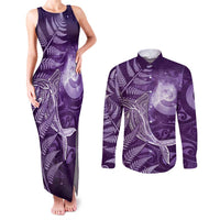New Zealand Matariki Couples Matching Tank Maxi Dress and Long Sleeve Button Shirt Maori Koru With Humpback Whale Purple