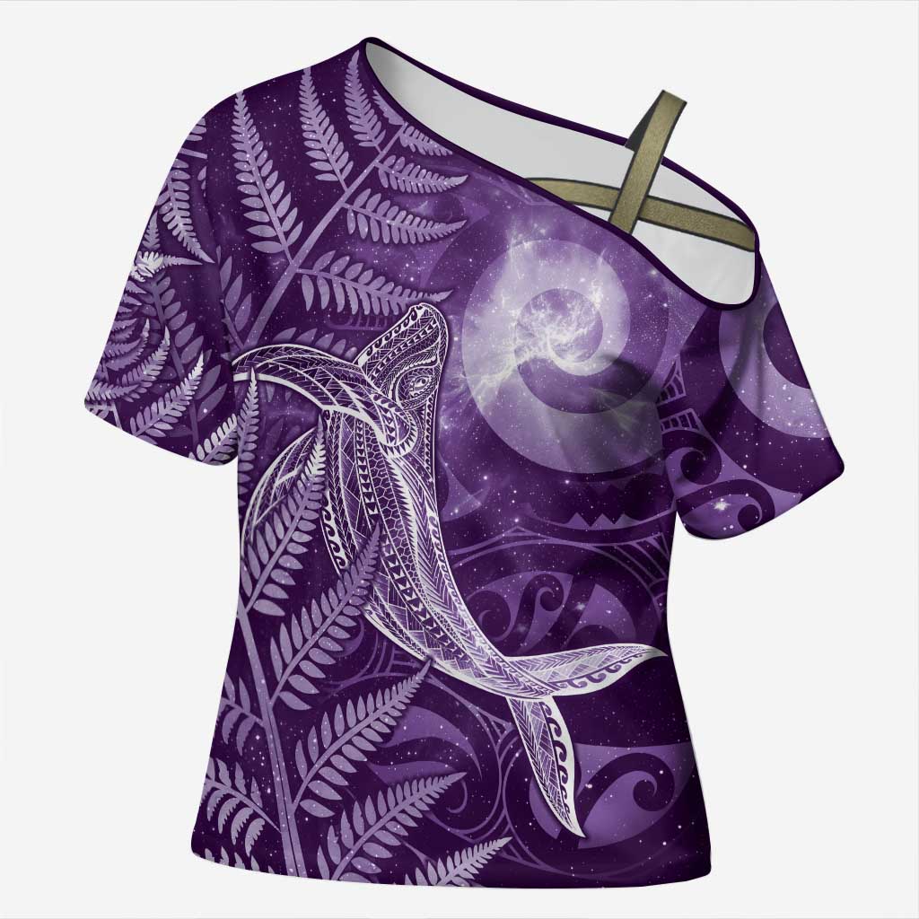 New Zealand Matariki Cross Shoulder Shirt Maori Koru With Humpback Whale Purple
