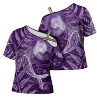 New Zealand Matariki Cross Shoulder Shirt Maori Koru With Humpback Whale Purple LT05 - Polynesian Pride