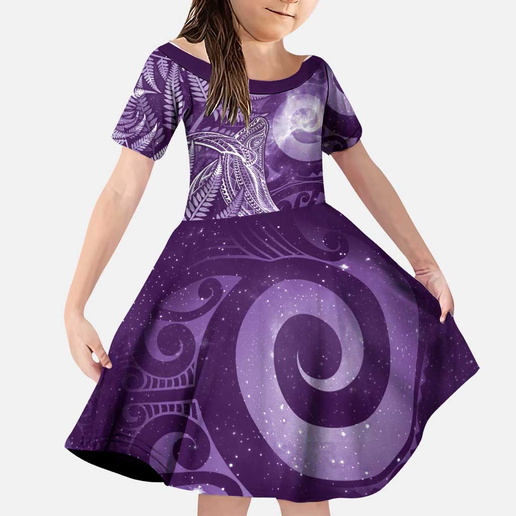 New Zealand Matariki Family Matching Mermaid Dress and Hawaiian Shirt Maori Koru With Humpback Whale Purple LT05 Daughter's Dress Purple - Polynesian Pride