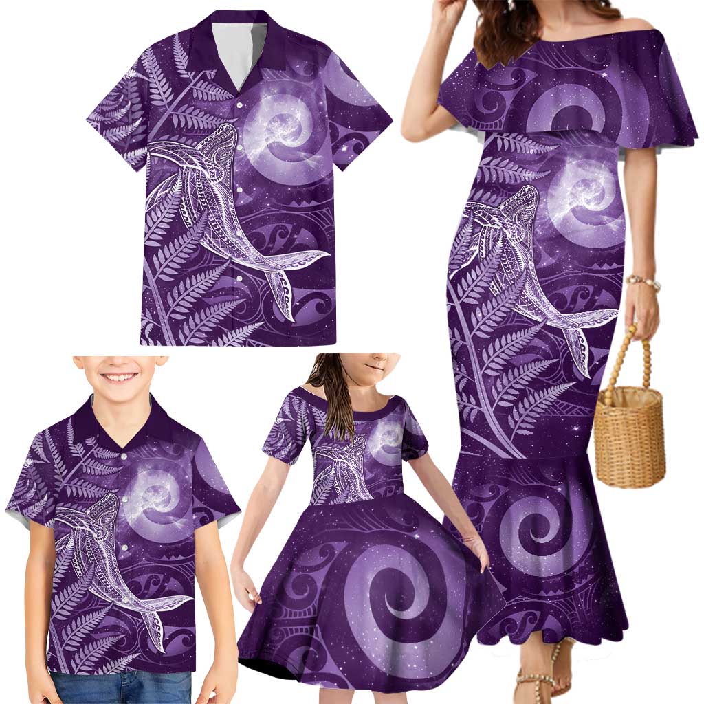 New Zealand Matariki Family Matching Mermaid Dress and Hawaiian Shirt Maori Koru With Humpback Whale Purple LT05 - Polynesian Pride