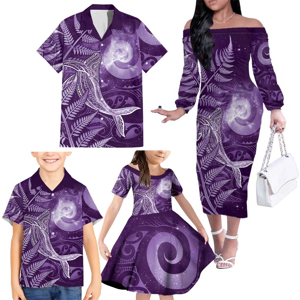 New Zealand Matariki Family Matching Off The Shoulder Long Sleeve Dress and Hawaiian Shirt Maori Koru With Humpback Whale Purple LT05 - Polynesian Pride