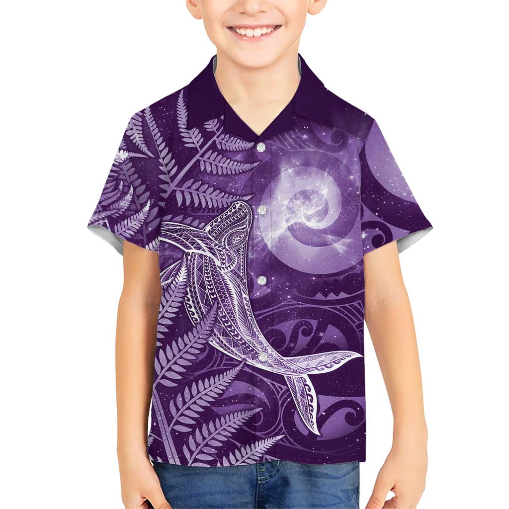 New Zealand Matariki Family Matching Off Shoulder Maxi Dress and Hawaiian Shirt Maori Koru With Humpback Whale Purple LT05 Son's Shirt Purple - Polynesian Pride